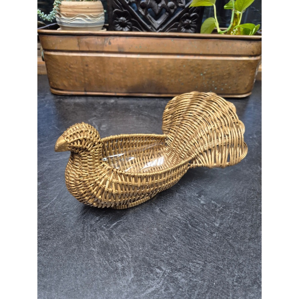 Vintage Gold Wicker Turkey Basket Thanksgiving Serving Dish Rattan Holiday Decor